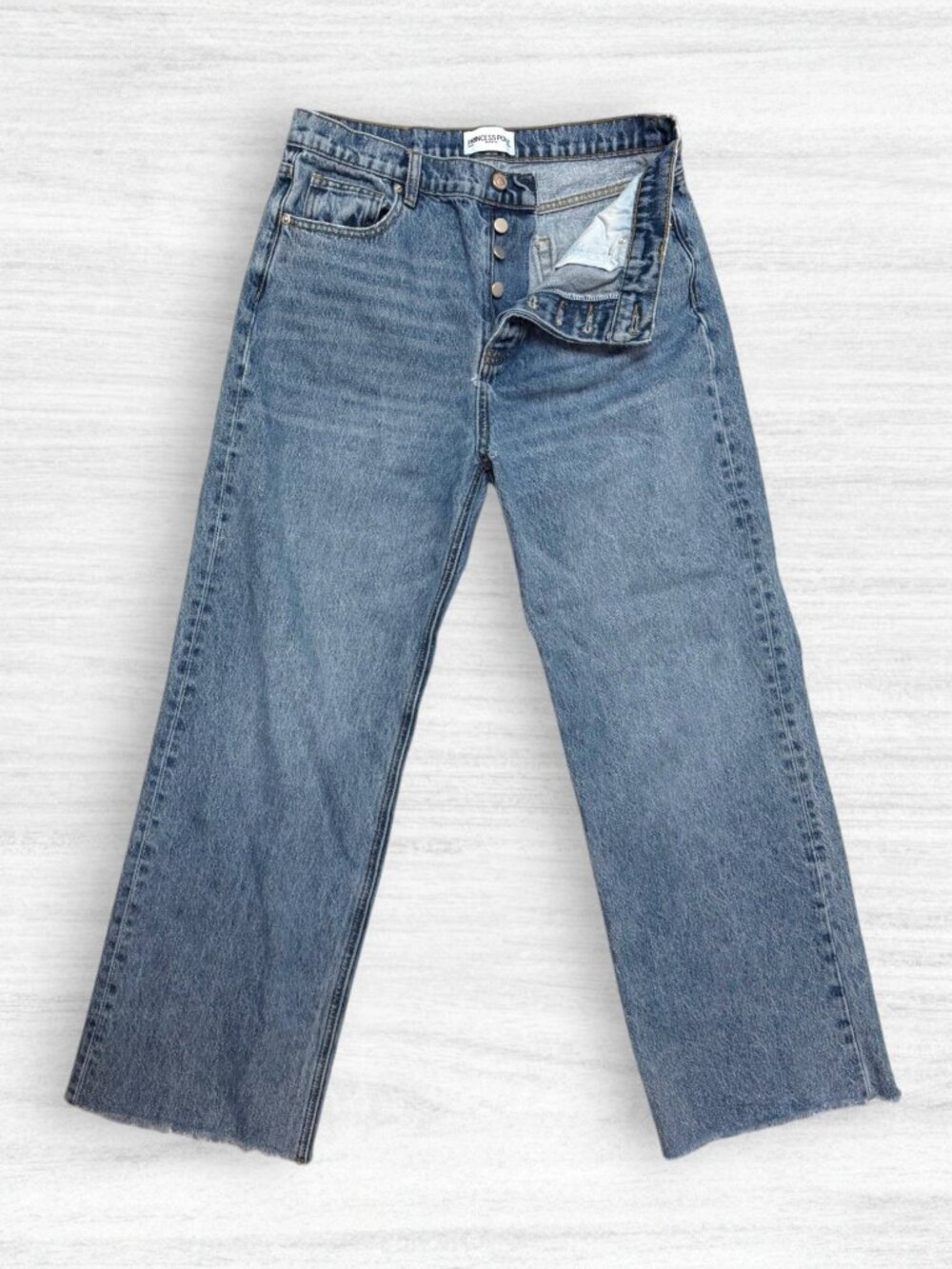 Princess Polly High Rise Wide Leg Distressed Jeans Button Fly Raw Hem Blue US 8